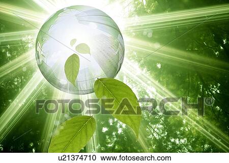 Stock Image - Lohas, Environmental Conservation, Digitally generated image of sphere and green leaves in the sunshine. Fotosearch
