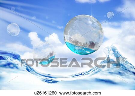 Stock Image - Lohas, Environmental Conservation, Digitally generated image of drop and wave in the blue sky. Fotosearch
