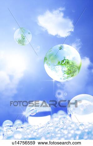 Stock Photo - Lohas, Environmental Conservation, Digitally generated image of drops in the blue sky. Fotosearch