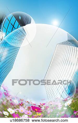 Lohas, Environmental Conservation, Digitally generated image of buildings and flower field View Large Photo Image Stock Photo - Lohas, Environmental Conservation, Digitally generated image of buildings and flower field. Fotosearch