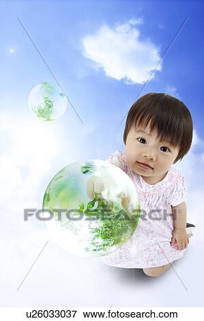 Stock Photo - Lohas, Environmental Conservation, Digitally generated image of little girl pointing at the drop. Fotosearch