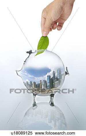Stock Photography - Lohas, Environmental Conservation, Digitally generated image of human hand putting a green leaf into a piggy bank. Fotosearch