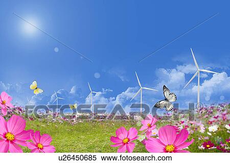 Stock Photography - Lohas, Environmental Conservation, Digitally generated image of flower field, butterflies and windmills in the blue sky. Fotosearch