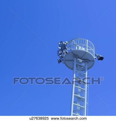 Stock Photography - Bullhorns attached to a tower. Fotosearch