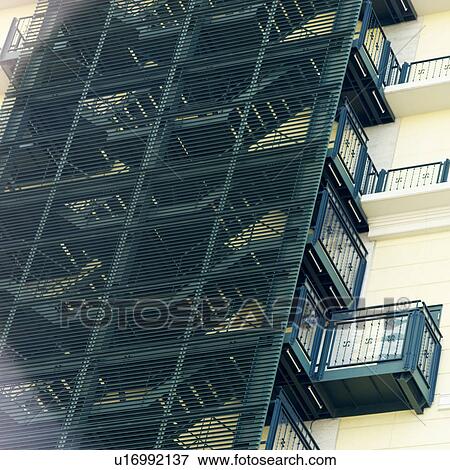 Stock Photo - Fire escapes on an office building in Osaka, Japan. Fotosearch