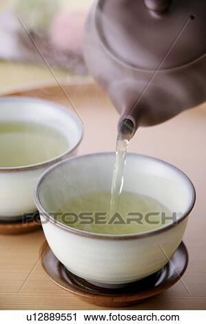 Stock Image - Green tea pouring into cup. Fotosearch