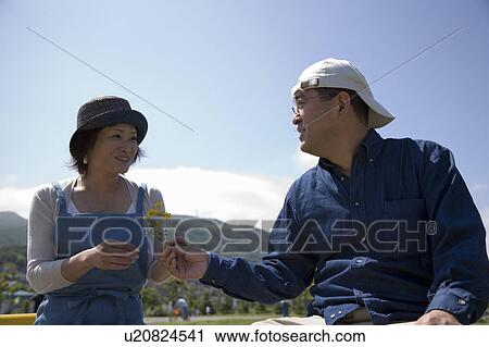 Stock Image - Mature man giving flower to his wife. Fotosearch