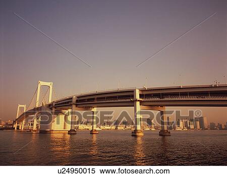 Rainbow Bridge at dusk View Large Photo Image Stock Photography - Rainbow Bridge at dusk. Fotosearch
