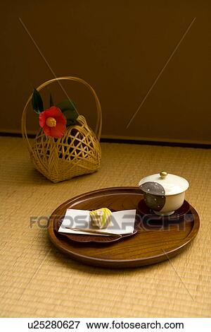 Stock Photo - shi and a cup of Japanese tea on tray, high angle view, Japan. Fotosearch