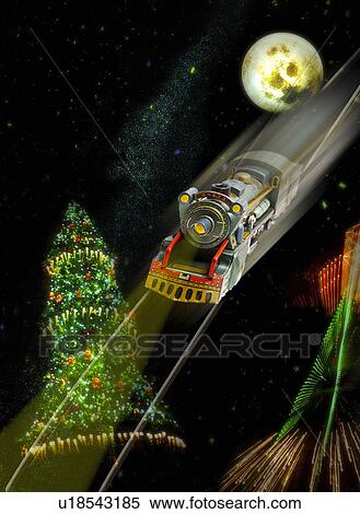Stock Photography - Christmas tree, train and moon collage. Fotosearch