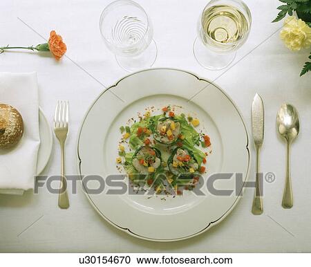 Stock Image - Overhead view of a plated meal. Fotosearch