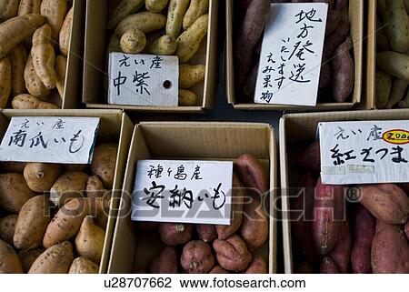 Stock Image - Sweet potatoes in a market. Fotosearch