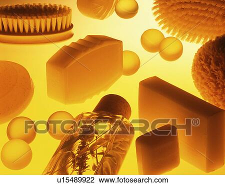 Stock Image - Yellow-toned collage of bath items. Fotosearch