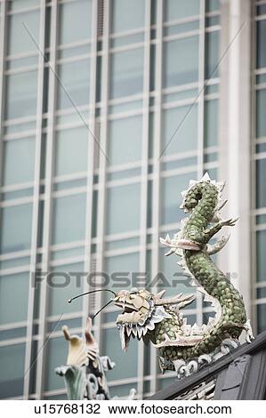 Stock Image - Low angle view of a dragon sculpture in a temple with a building in the background. Fotosearch