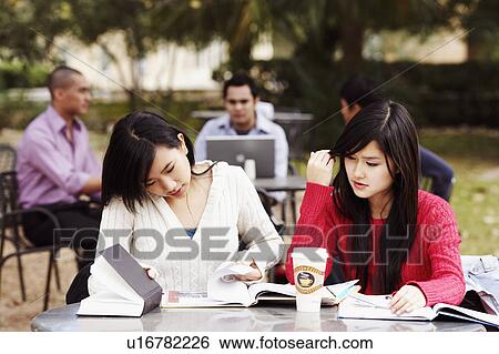 Stock Photograph - Two young women studying in a college campus with three young men sitting in the background. Fotosearch
