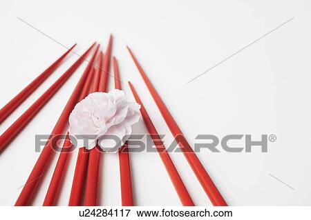 Stock Photo - Close-up of a flower with a pair of chopsticks. Fotosearch