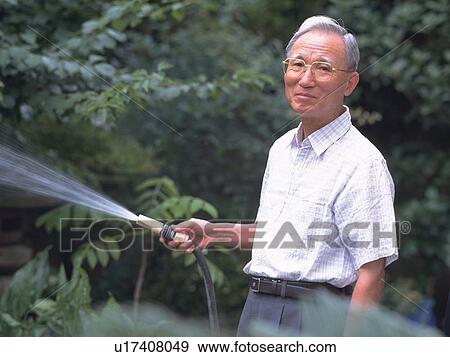 Senior adult man watering the garden, Side View View Large Photo Image Stock Photo - Senior adult man watering the garden, Side View. Fotosearch