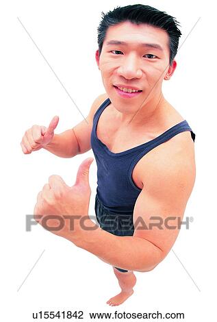 Stock Image - Casual Clothing, White Background, Success, Model, Asian. Fotosearch