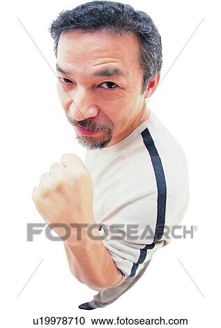 Stock Image - Gesture, Cut Out, Asian Expression, Arm Raised, One Person, Lifestyles. Fotosearch