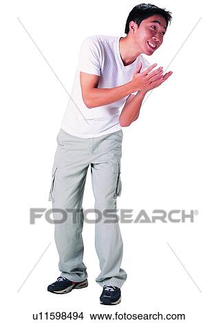 Picture - Gesture, Young Adult, Casual Clothing, Asian Ethnicity, Standing, Black Hair. Fotosearch