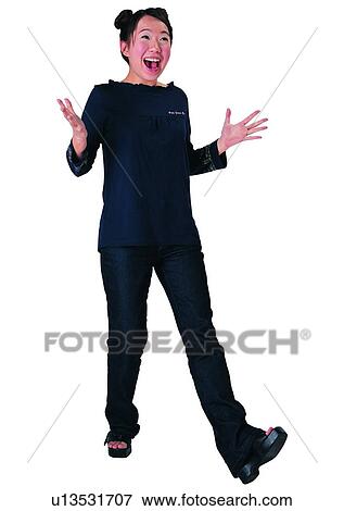 Stock Photo - Hands In Air, Happy, One Young Woman Only, Black Hair. Fotosearch