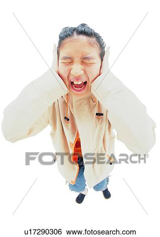 Stock Photograph - Mouth Open, White Background, 16-17 Years, Black Hair, Hands On Ears. Fotosearch