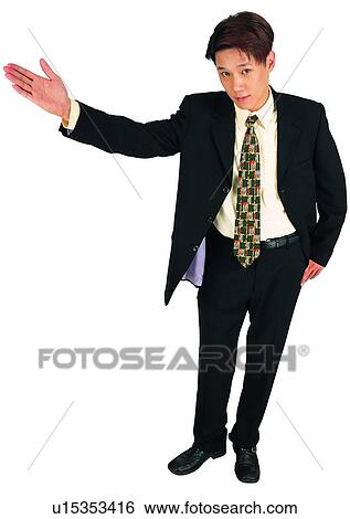 Stock Photograph - Business Culture, White Background, Portrait, Arm Raised. Fotosearch