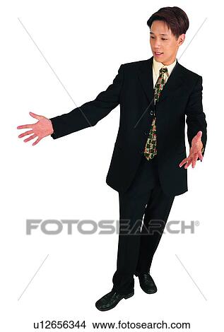 Picture - Hands In Air, One Young Man Only, Businessman, Asian, Brown Hair. Fotosearch