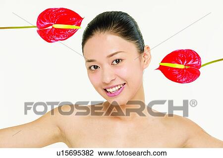 Stock Image - Beauty & Fruits, Petal, Freshness, Eastern, Head And Shoulders, White Background, Fruits. Fotosearch