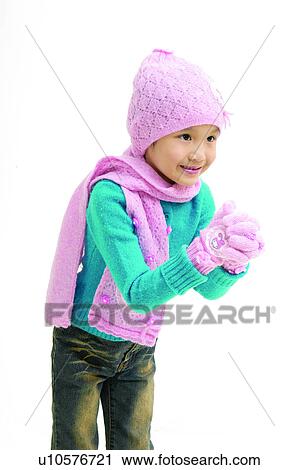 Stock Image - Clipping Path, Asian Ethnicity, Child, Casual Clothing, Bending, Close-Up, 4-5 Years. Fotosearch