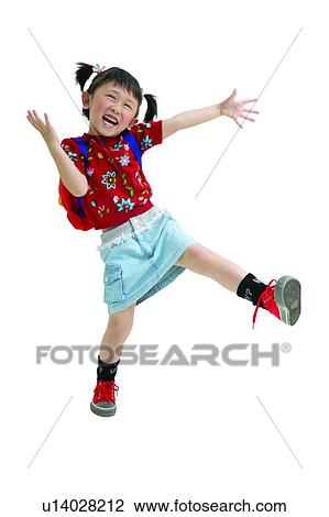 Stock Image - Child, Asian Ethnicity, Casual Clothing, Black Hair, Backpack, Clipping Path, 6-7 Years. Fotosearch