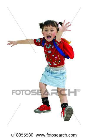 Stock Image - Child, Asian Ethnicity, Casual Clothing, Black Hair, Backpack, Clipping Path, 6-7 Years. Fotosearch