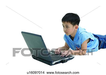 Picture - Lying Down, Child, White Background, Connection, One Person, Lying On Front, One Child Only. Fotosearch