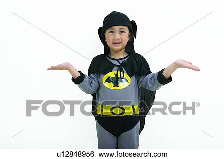 Stock Photograph - Clipping Path, Asian Ethnicity, Child, Batman, Bat, 2-3 Years. Fotosearch