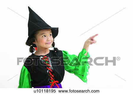 Stock Photography - One Girl Only, White Background, Grinning, Cut Out, Halloween, Witch's Hat, Asian. Fotosearch