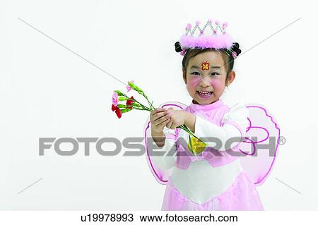Stock Image - Waist-Up, Tiara, Cheerful, Cut Out, Artificial Wing, Standing. Fotosearch