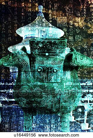 Stock Photograph - Blue and brown pattern superimposed on an oriental temple. Fotosearch