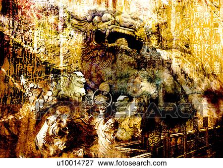 Stock Photo - Oriental sculptures superimposed on a glowing background. Fotosearch