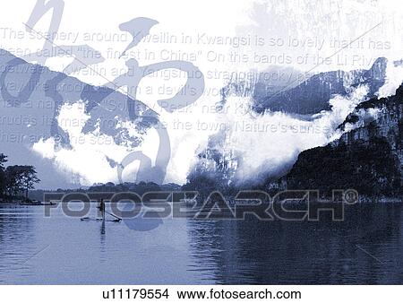 Picture - Oriental text superimposed on an image of a lake. Fotosearch