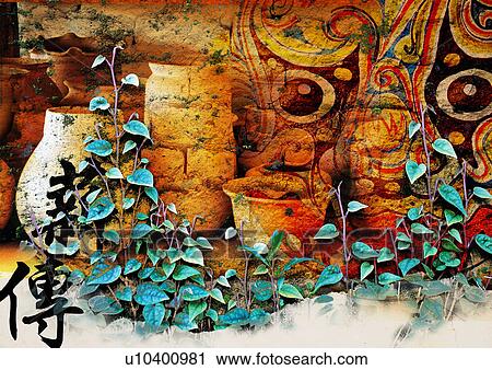 Stock Image - Oriental text superimposed on an image of creepers and urns. Fotosearch