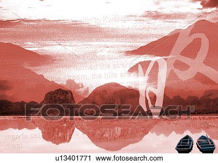 Stock Image - Oriental text superimposed on an image of a lake. Fotosearch