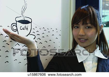 Stock Photograph - Cafe, Bangs, Businesswoman, Business Suit, Brown Hair, Asian Ethnicity. Fotosearch