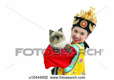 Stock Image - Waist-Up, Carrying, Domestic Cat, Portrait, Feline, Headdress. Fotosearch