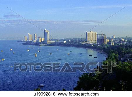Stock Photo - Coastline, Boat, Coast, Clear Sky, Building, Aerial View. Fotosearch