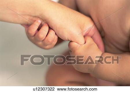 Stock Image - Close up of baby holding mother's hand, high angle view, Differential Focus . Fotosearch