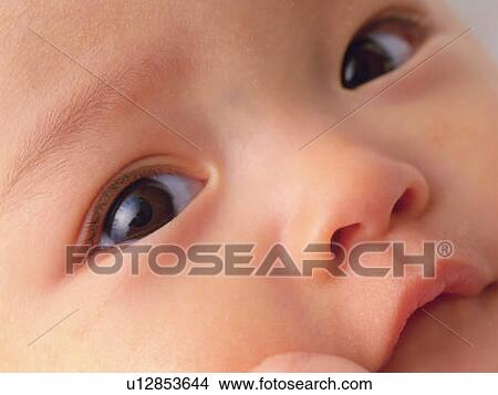 Close up of baby's face, portrait, high angle view, Full Frame View Large Photo Image Picture - Close up of baby's face, portrait, high angle view, Full Frame. Fotosearch