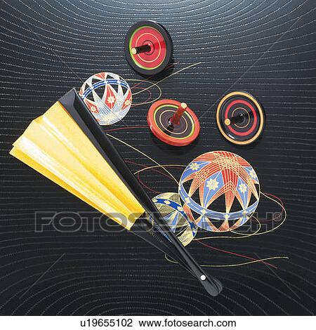 Japanese folding fan with Temari balls and spinning tops, high angle view, composition View Large Photo Image Stock Image - Japanese folding fan with Temari balls and spinning tops, high angle view, composition. Fotosearch