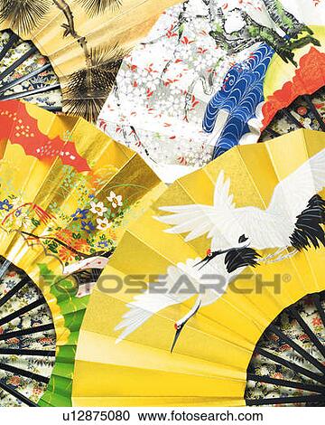 Stock Image - Japanese folding fans, high angle view, full frame. Fotosearch