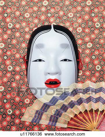 Stock Photograph - Noh mask and Japanese folding fan spreading out, front view, composition. Fotosearch
