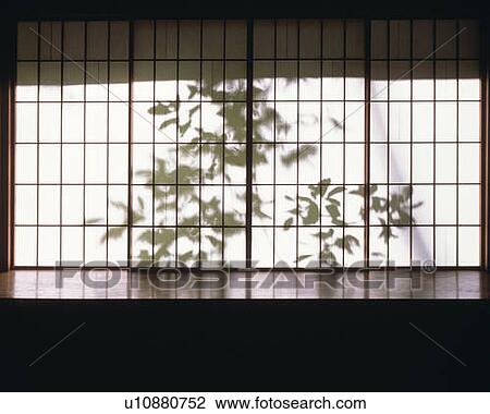 Stock Image - Silhouette of leaves behind Japanese sliding door, front view, Japan. Fotosearch